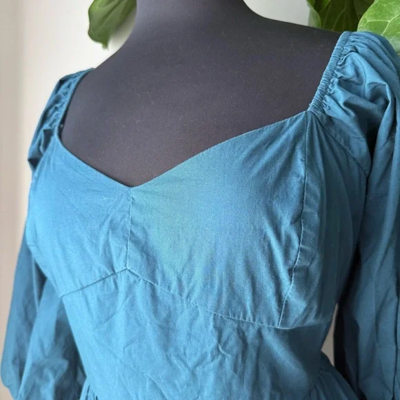 Arula Puff Sleeve Sweetheart Neckline Cotton Poplin A-Line Dark Teal Mini Dress